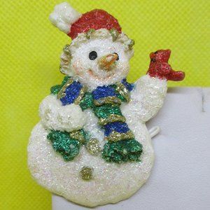 Sparkle Snowman Brooch Resin Snowman Holding Red Cardinal Bird Sparkle Snowman